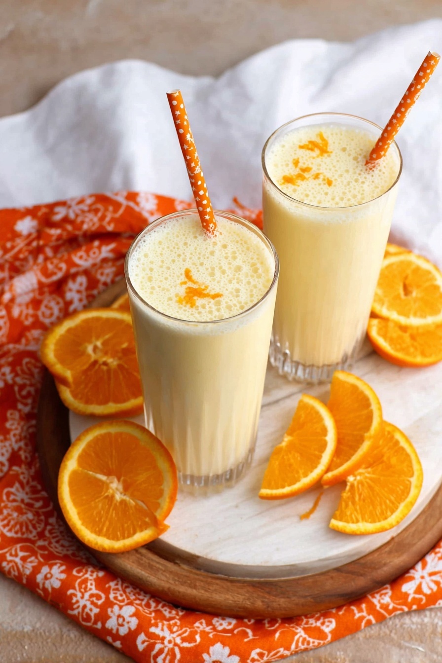 Two glasses of orange honey lassi with orange slices on a table.