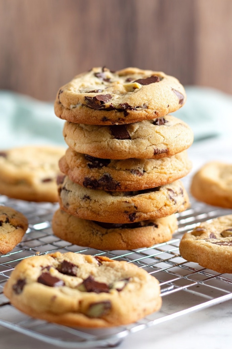 White and dark chocolate chunk cookies stacked on a cooling rack.
