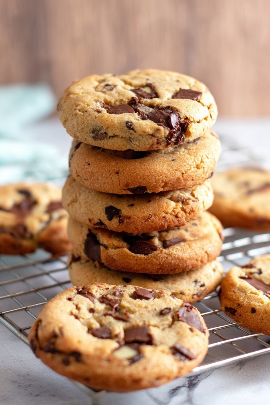 A stack of white and dark chocolate chip cookies.