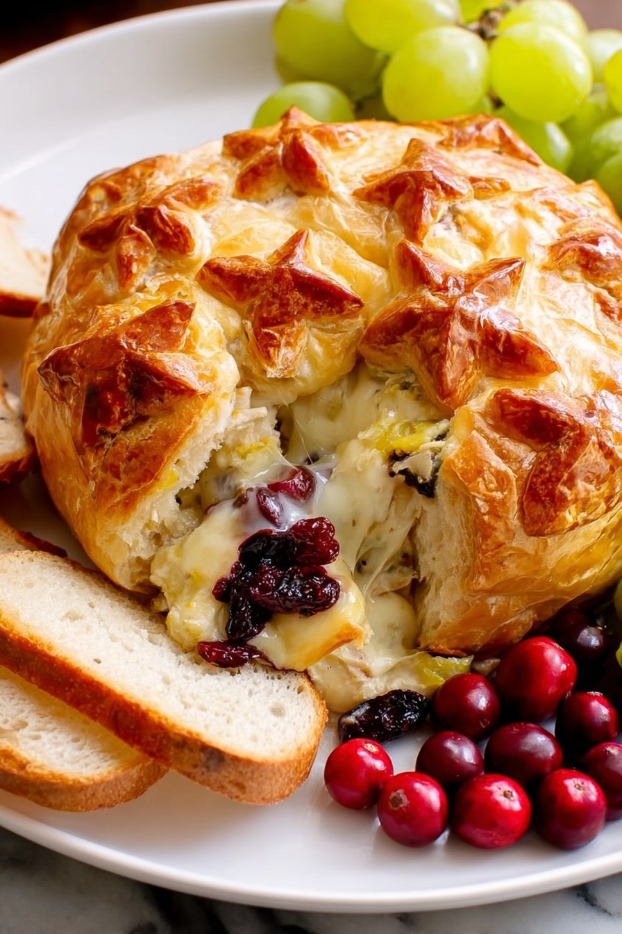 A baked cranberry brie puff pastry with a slice of bread on the side.