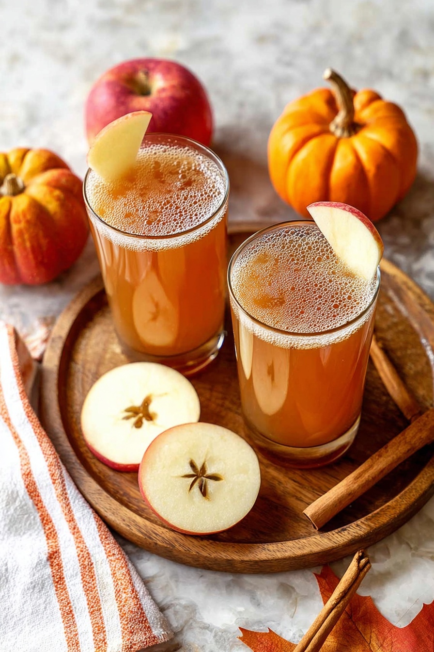 Two glasses of Harvest Shandy with apple slices on a wooden tray.
