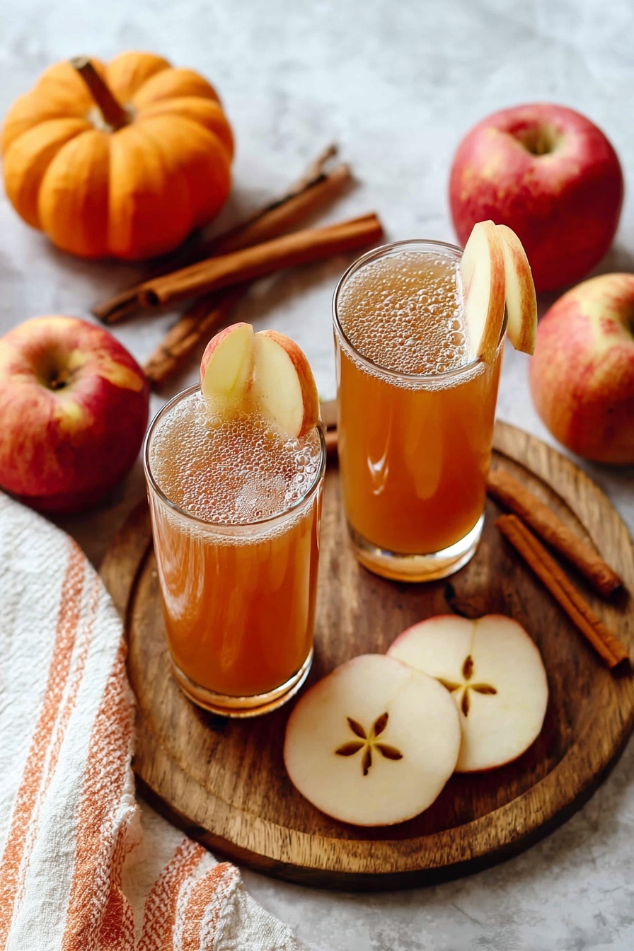 Two glasses of Harvest Shandy with apple slices.