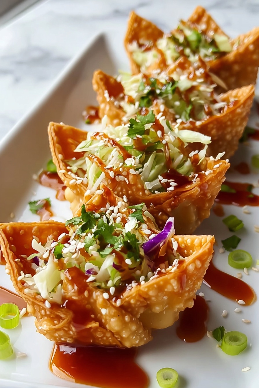Crispy chicken wonton tacos with sauce.