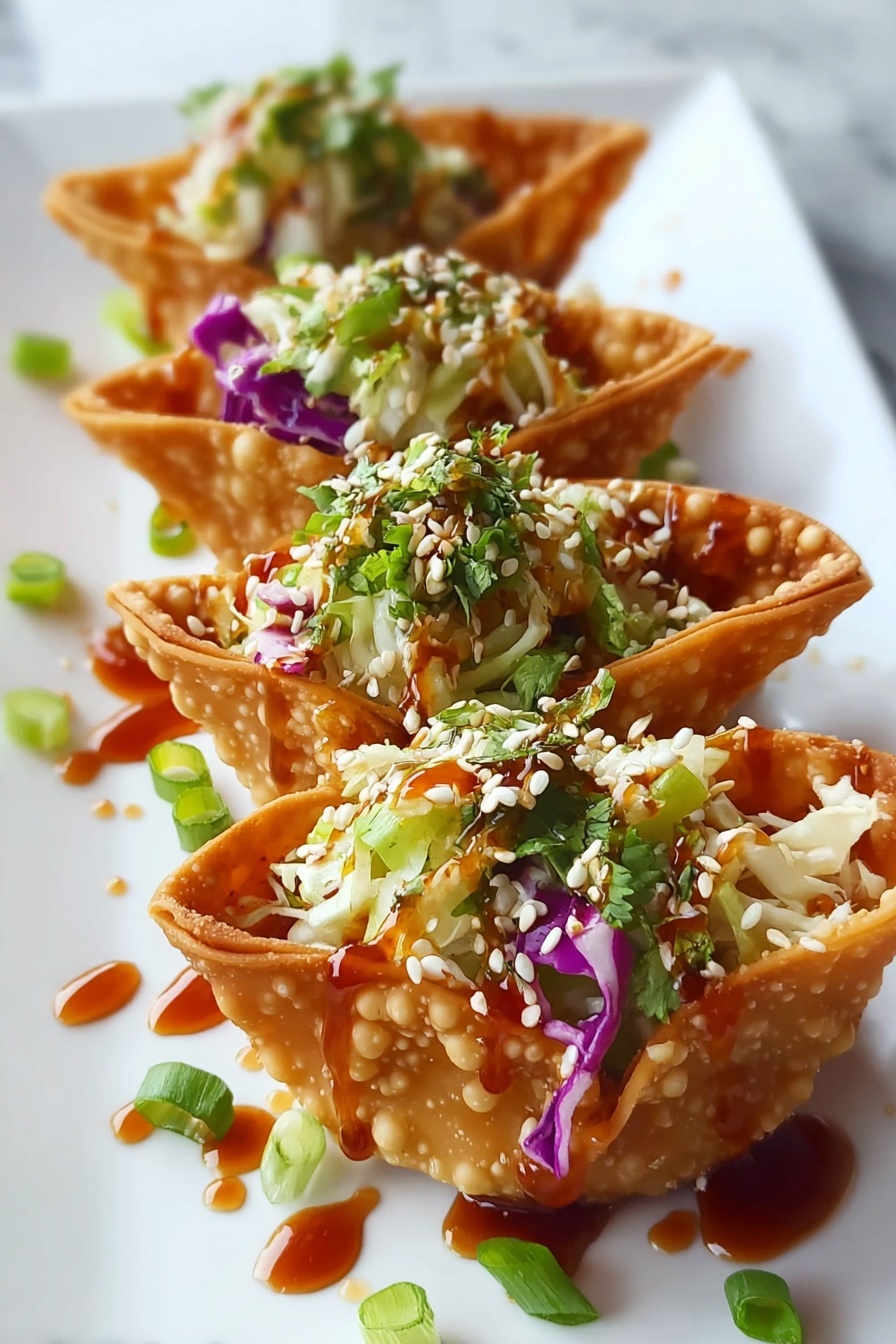 Crispy chicken wonton tacos with sauce.