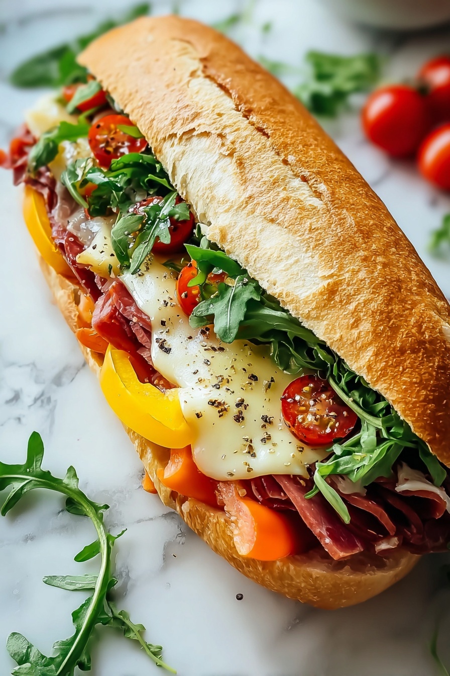 A sandwich with meat, tomatoes, lettuce, and cheese.
