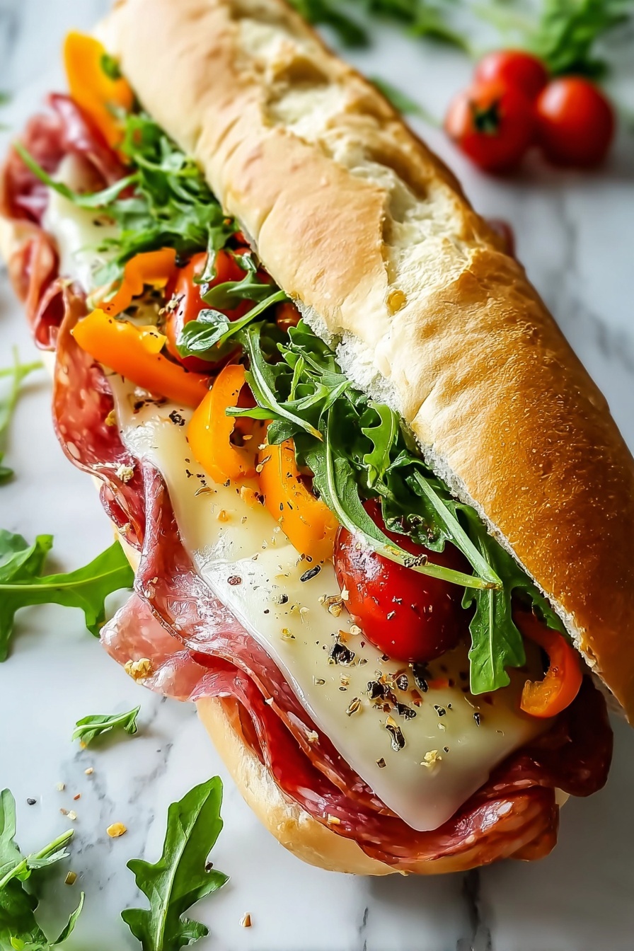 A sandwich with meat, tomatoes, lettuce, and cheese.