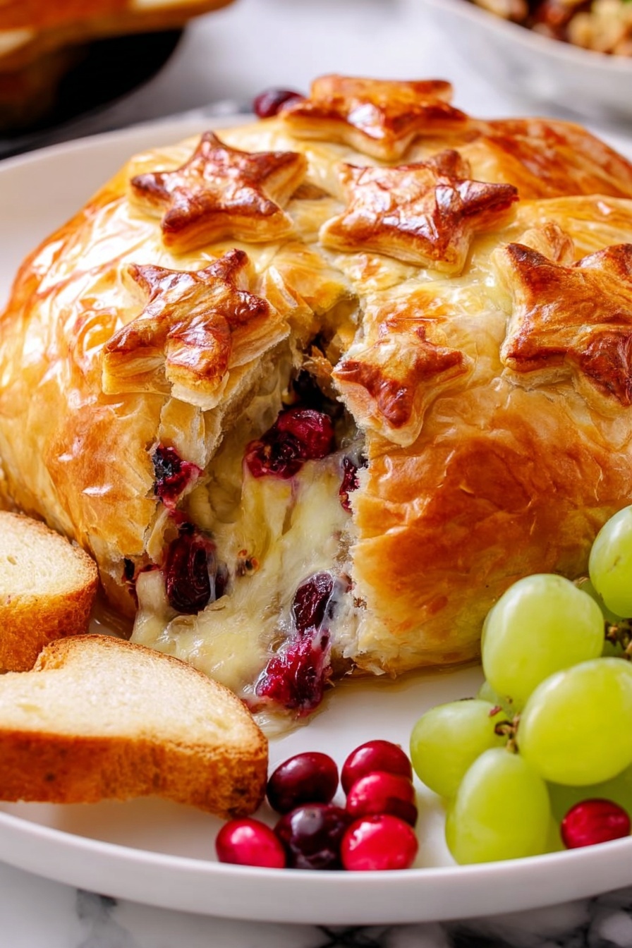 A slice of a baked cranberry brie puff pastry.
