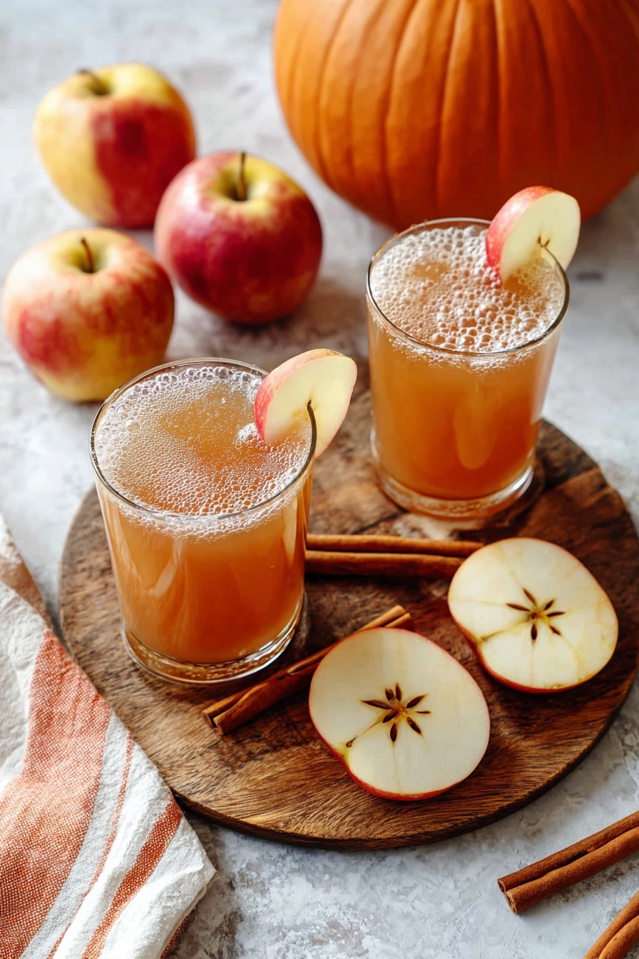 Two glasses of apple cider with cinnamon sticks in them.