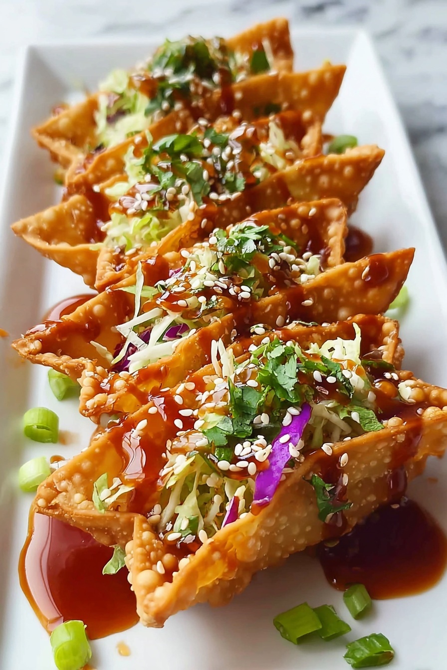 Crispy chicken wonton tacos with sauce.