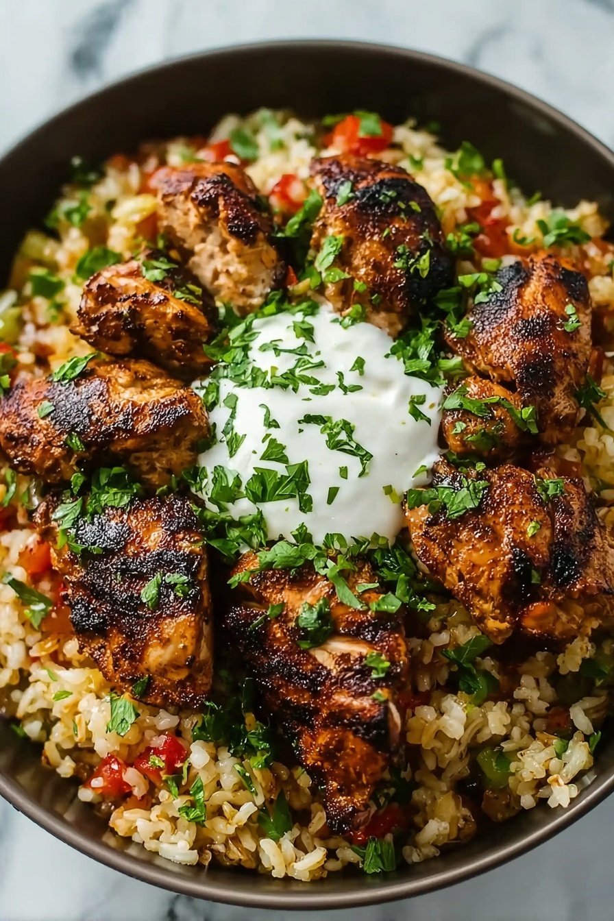 A plate of rice and chicken.