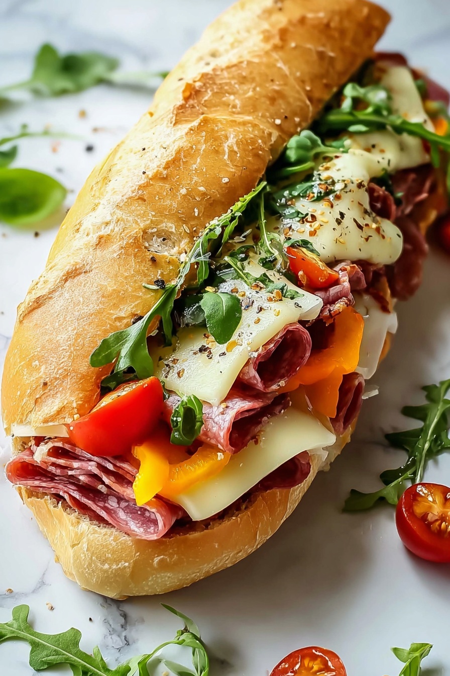A baked Italian grinder sandwich with meat, cheese, and vegetables.