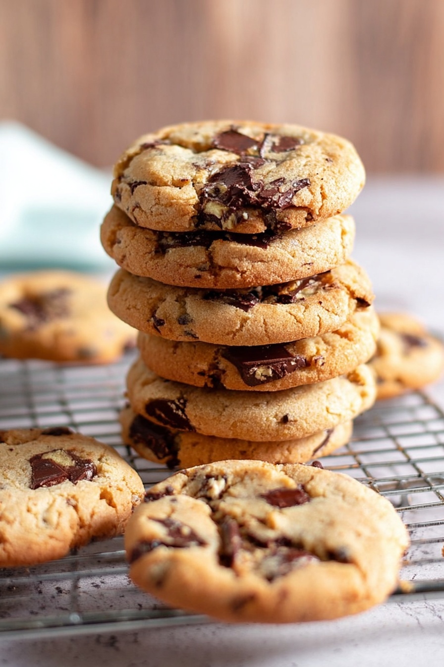 A stack of white and dark chocolate chip cookies.