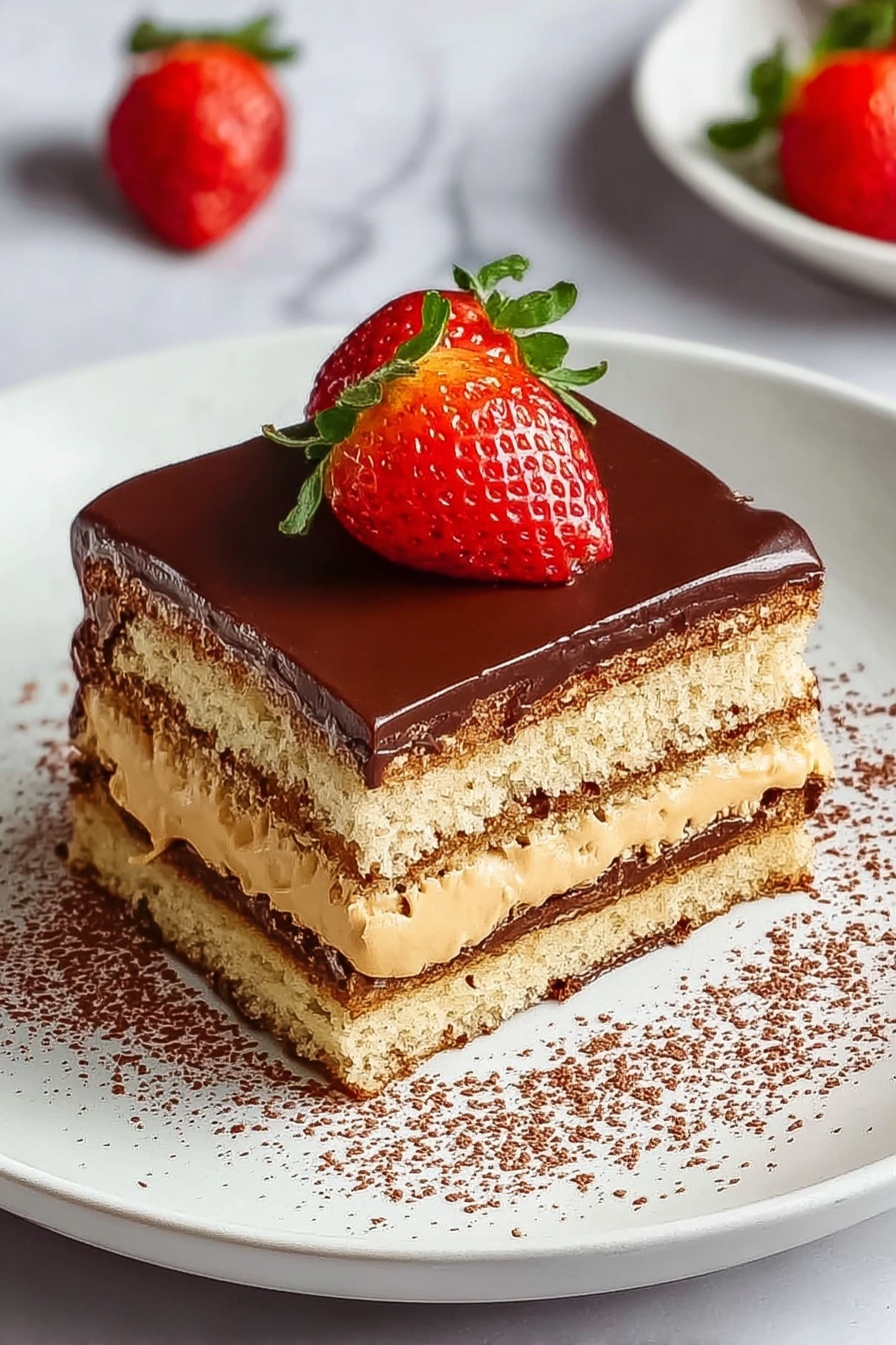 A slice of chocolate opera cake with a strawberry on top.