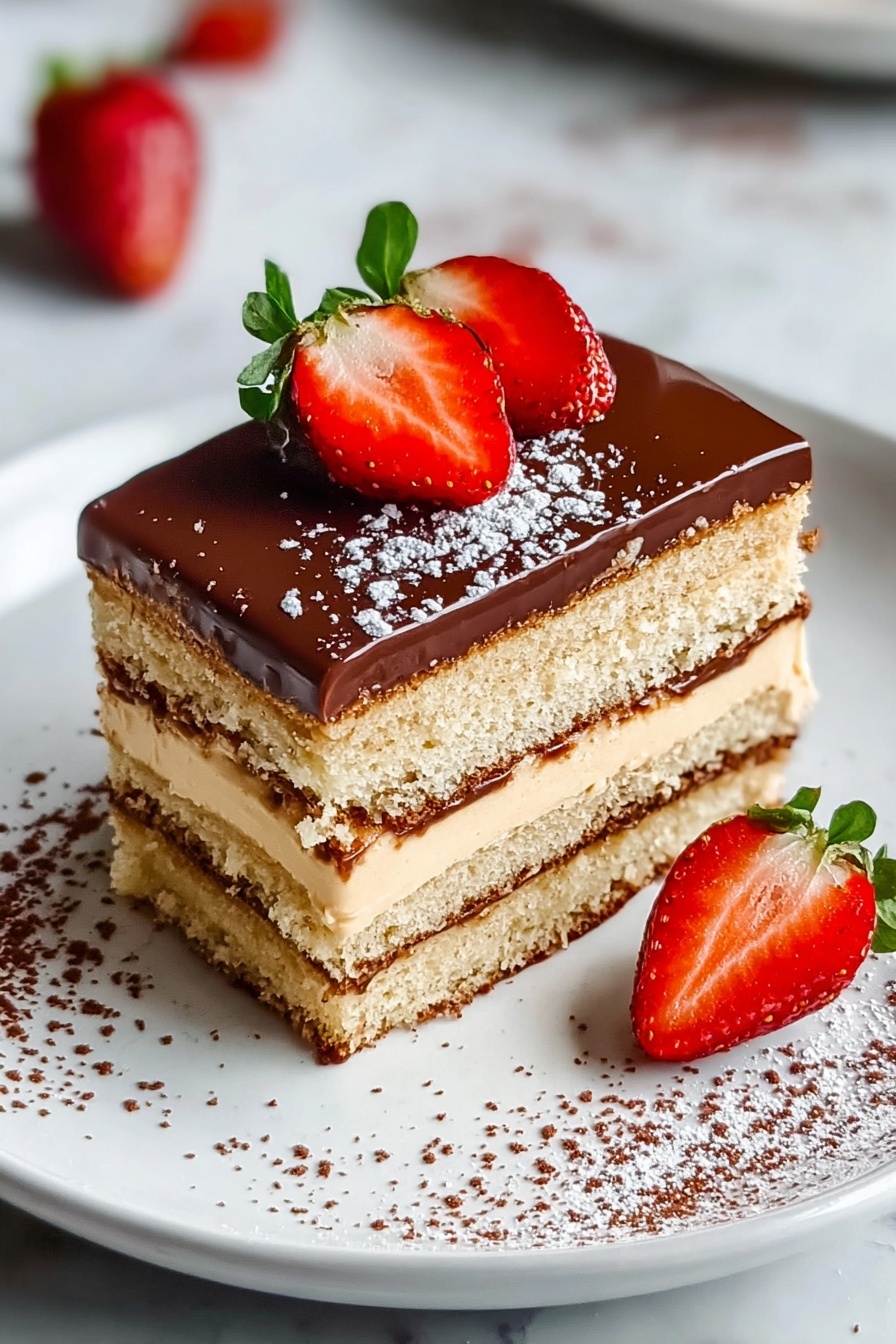 A slice of chocolate opera cake with strawberries on top.