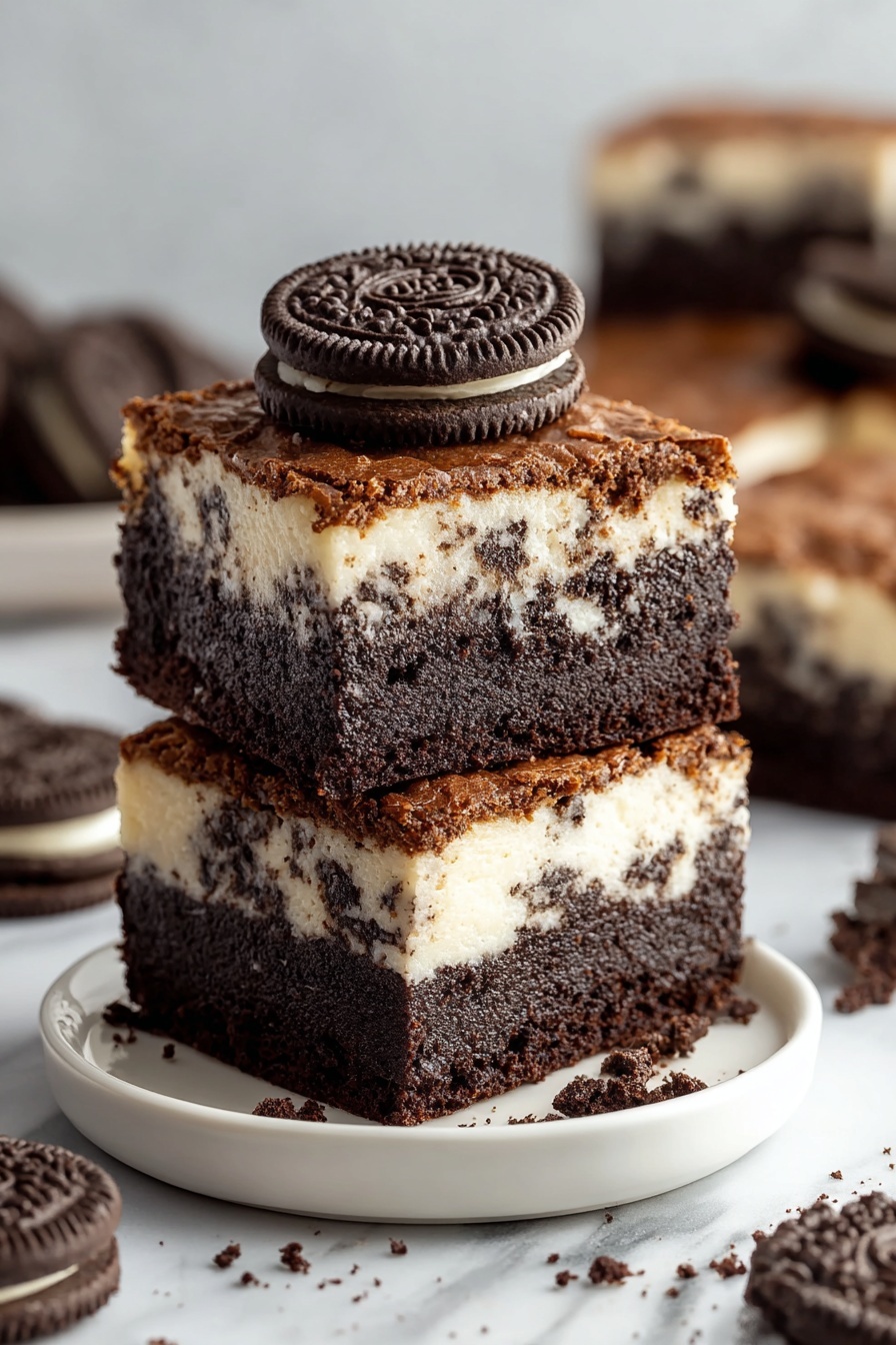 A stack of brownies with a cookie on top.