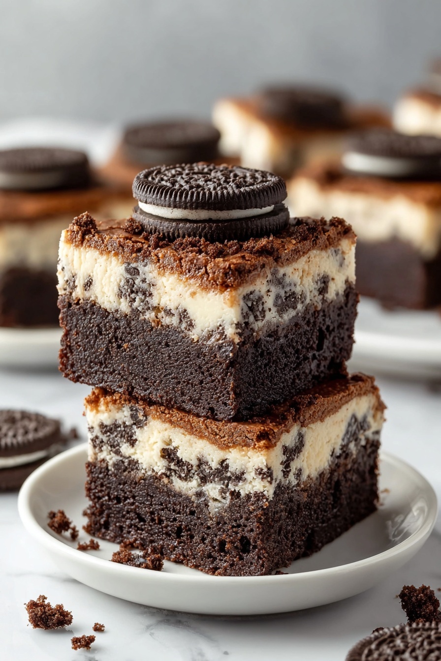 A stack of three brownies with Oreo cookies on top.