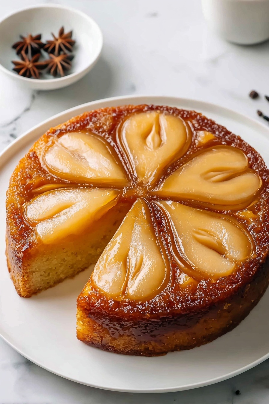 A slice of spiced pear upside down cake.