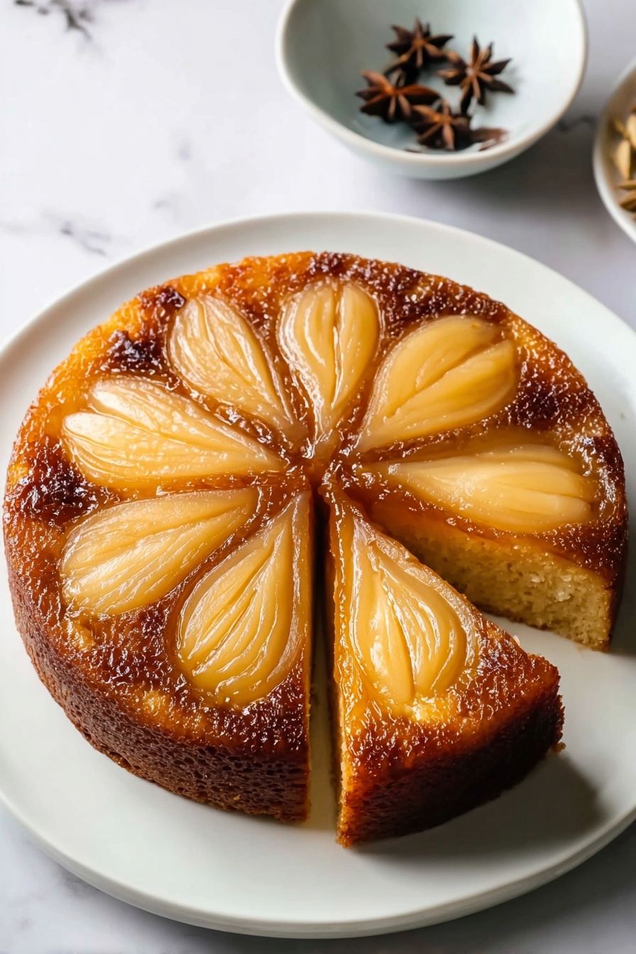 A slice of spiced pear upside down cake.