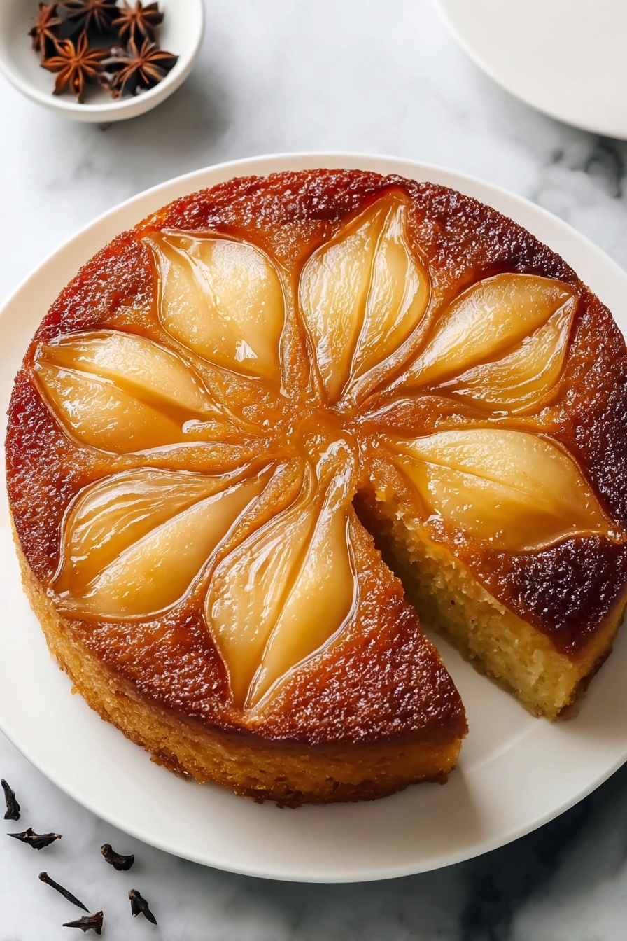 A slice of spiced pear upside down cake.