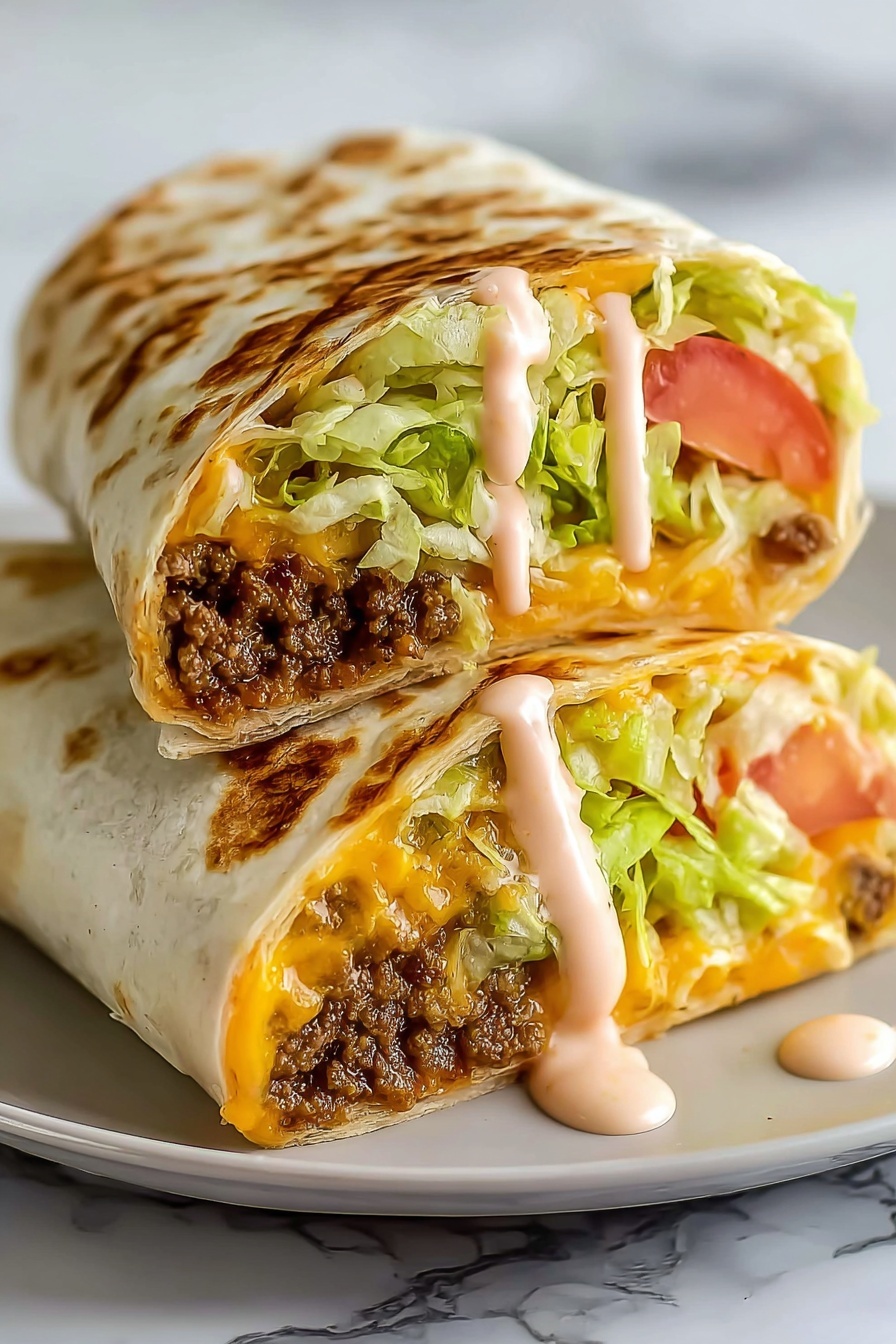 A homemade burger wrap with lettuce and tomato.