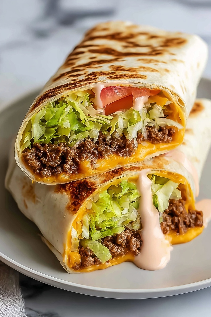 A homemade big mac wrap with lettuce and tomato.