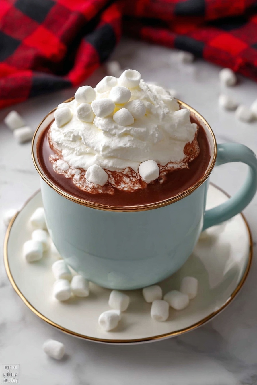A cup of hot chocolate with marshmallows on top.
