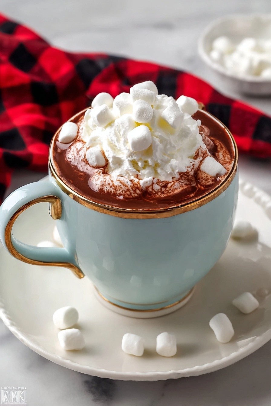 A cup of hot chocolate with marshmallows on top.