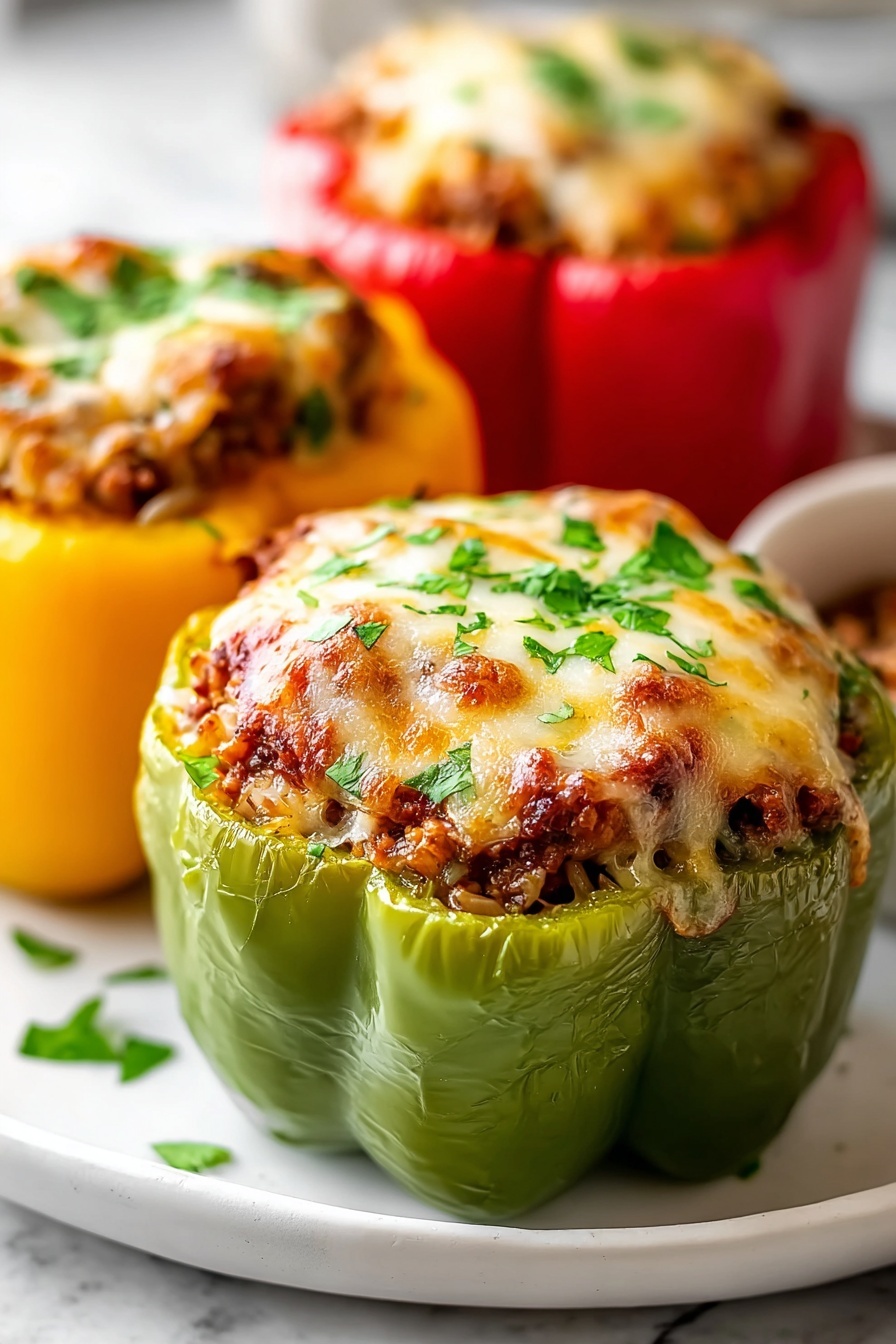 Three baked stuffed peppers with cheese and sauce.