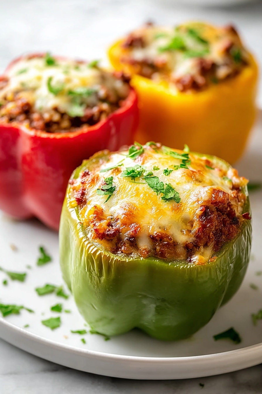 Three stuffed peppers with rice and cheese.