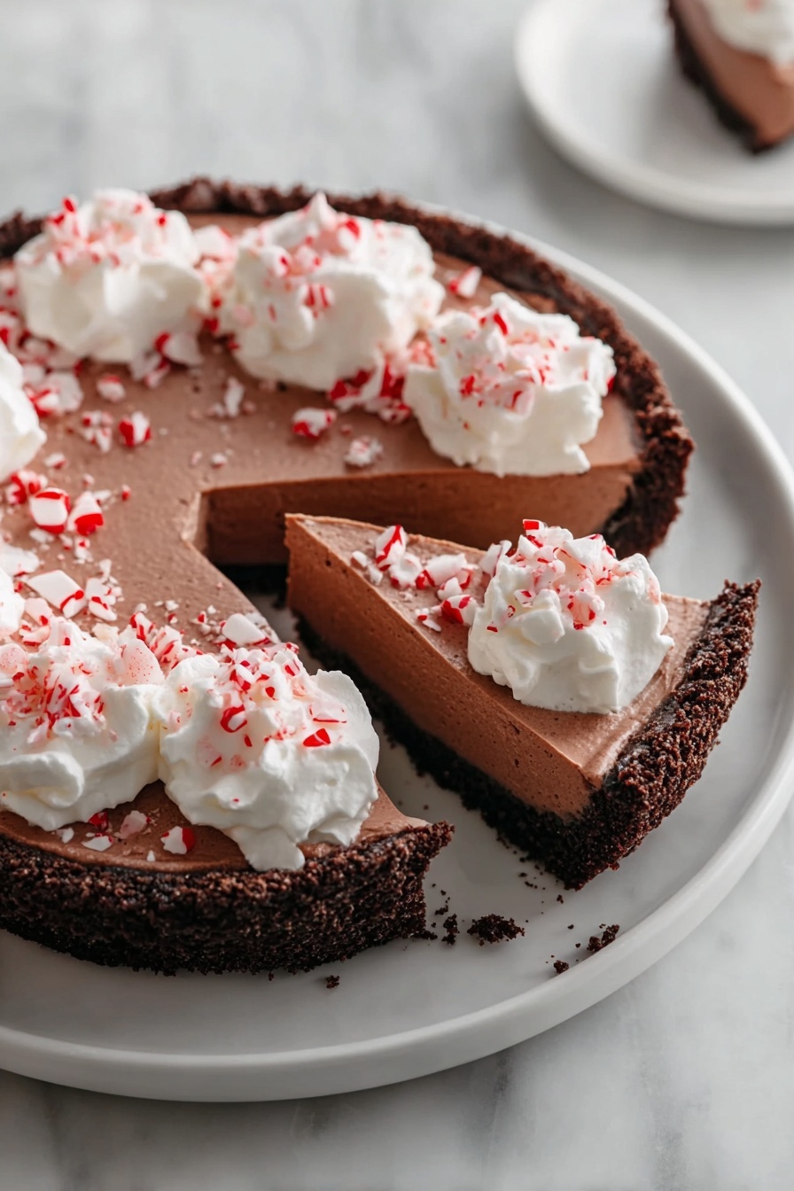 A slice of peppermint pie with white whipped cream.