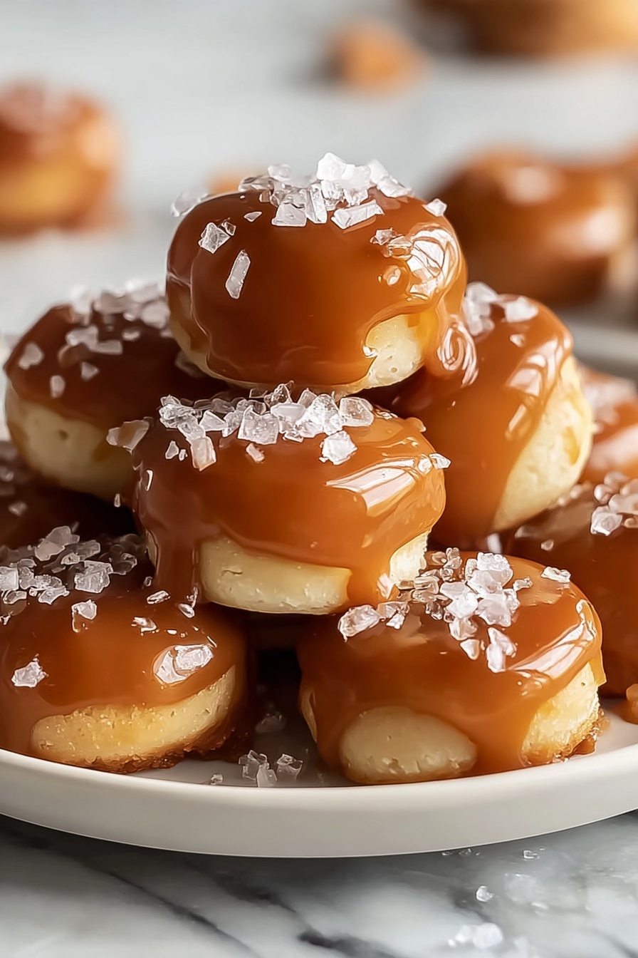 A plate of donuts with caramel sauce.