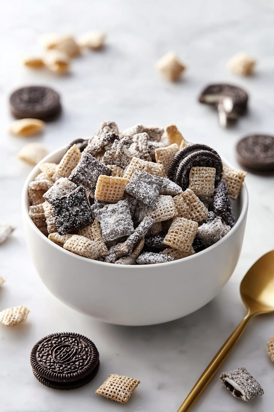 A bowl of cookies and cream puppy chow.