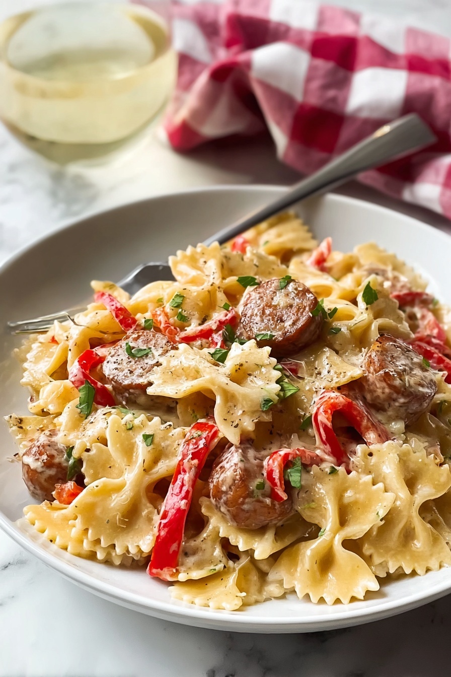 A bowl of pasta with sausage and peppers.