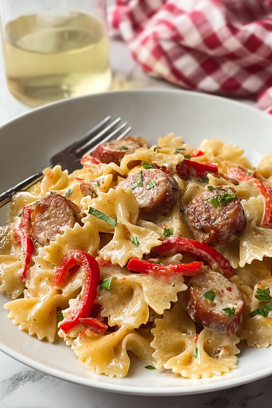 A plate of pasta with sausage and peppers.