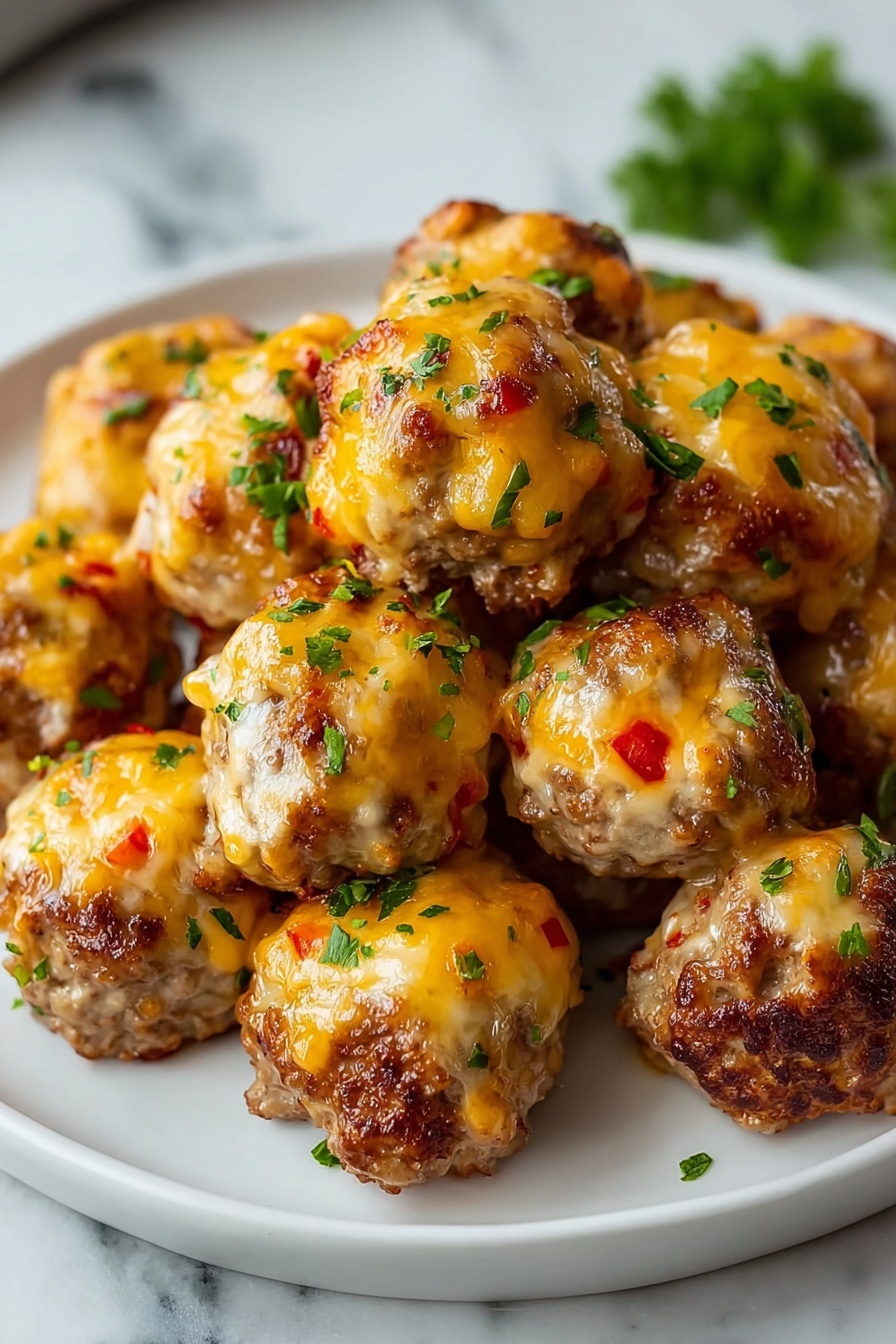 A plate of sausage balls with cheese and peppers.