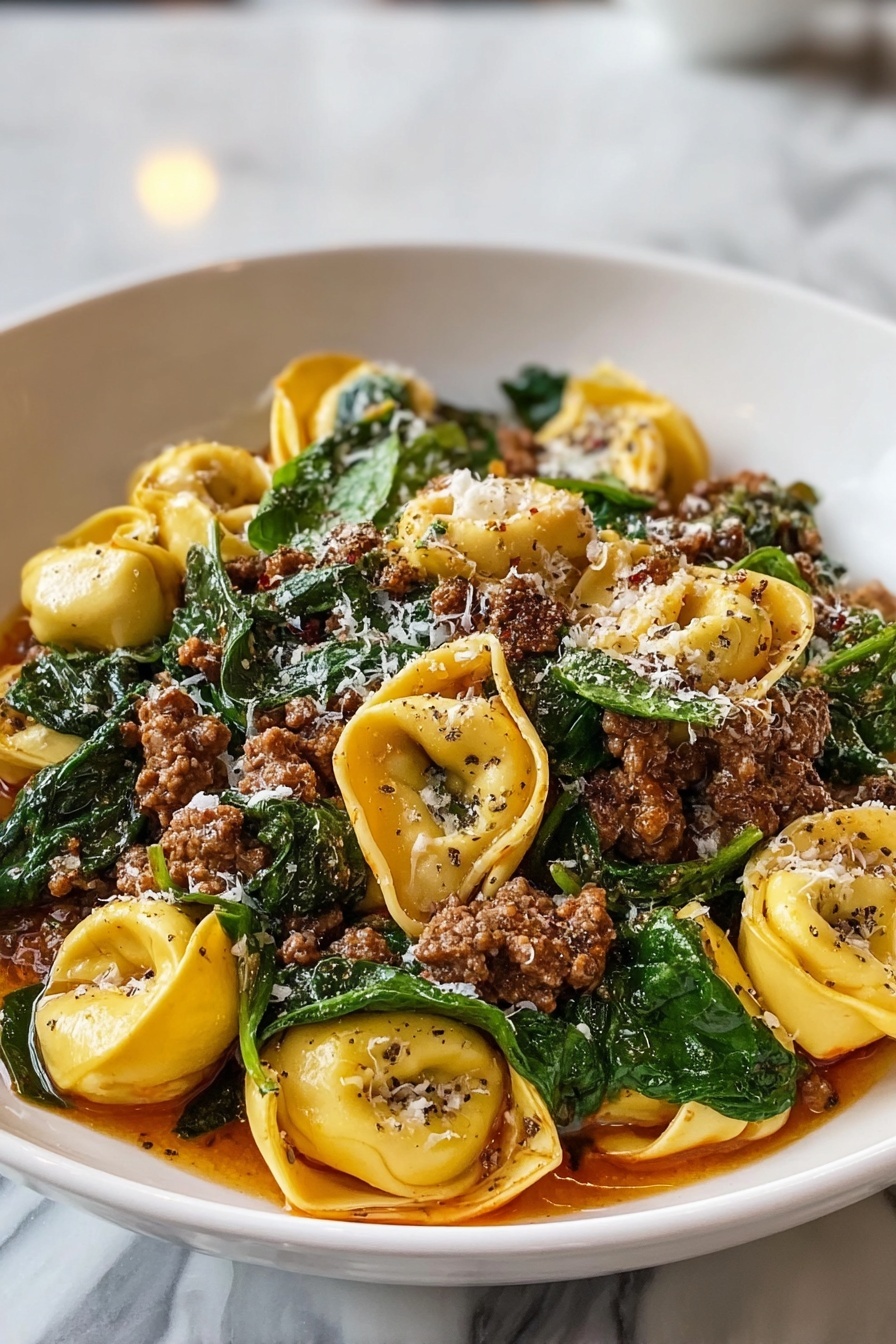 A bowl of pasta with spinach and meat.