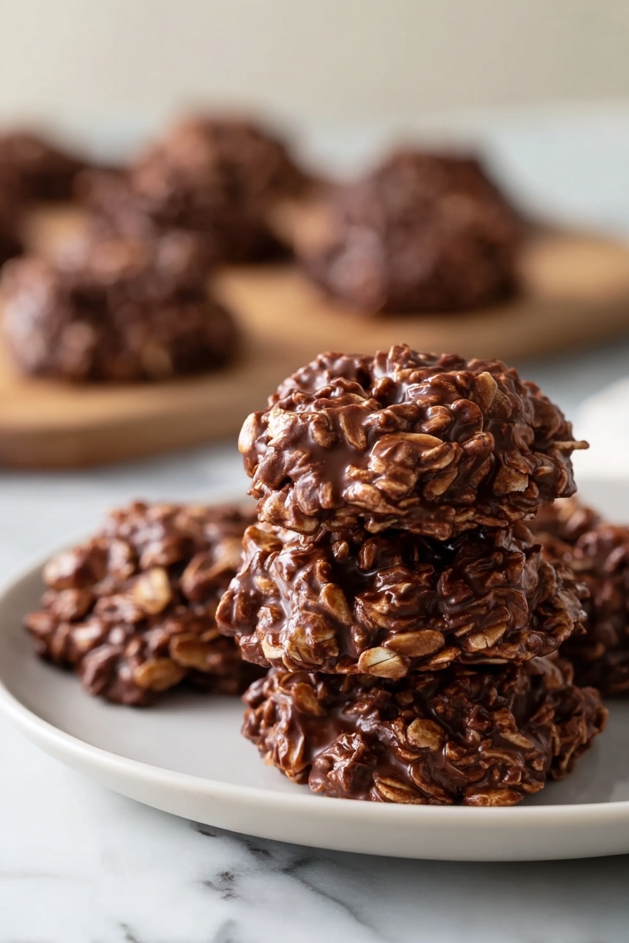 A plate of chocolate covered oatmeal cookies.