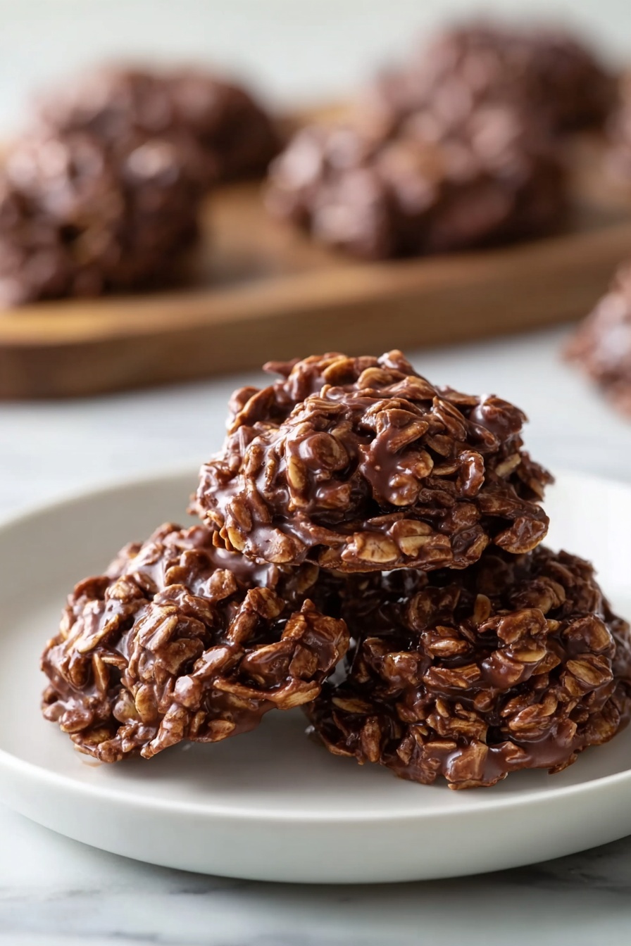 A plate of chocolate covered no bake cookies.