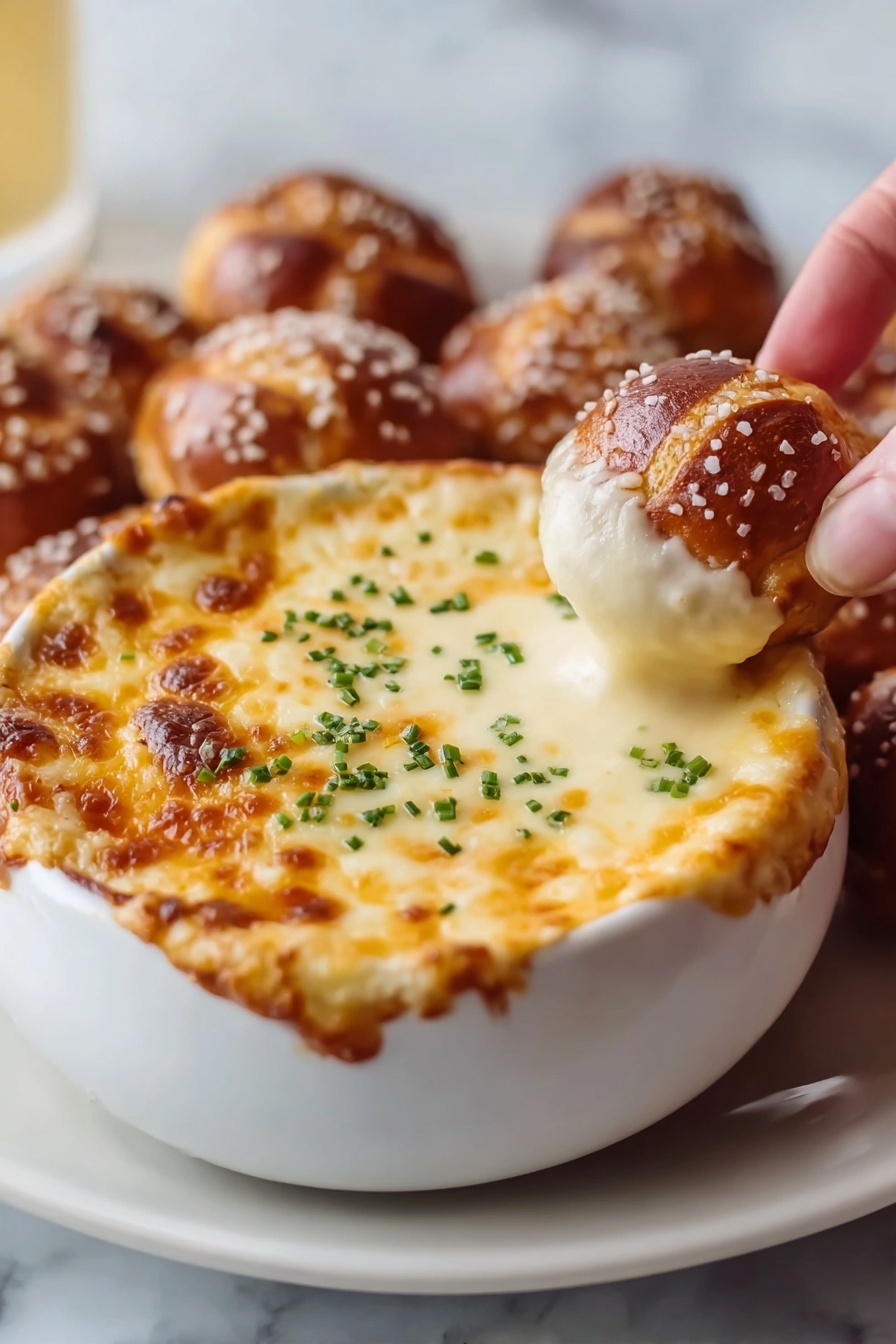A person is dipping a breadstick into a bowl of cheese dip.