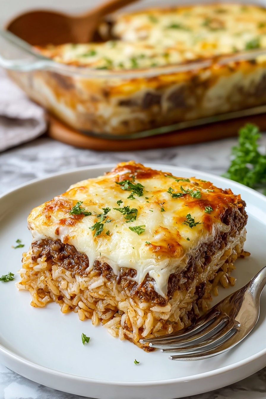 A slice of French onion ground beef rice casserole.
