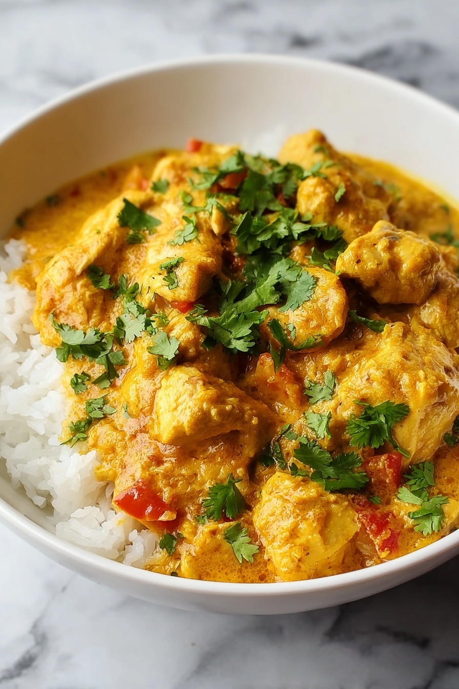 A bowl of chicken curry with rice.
