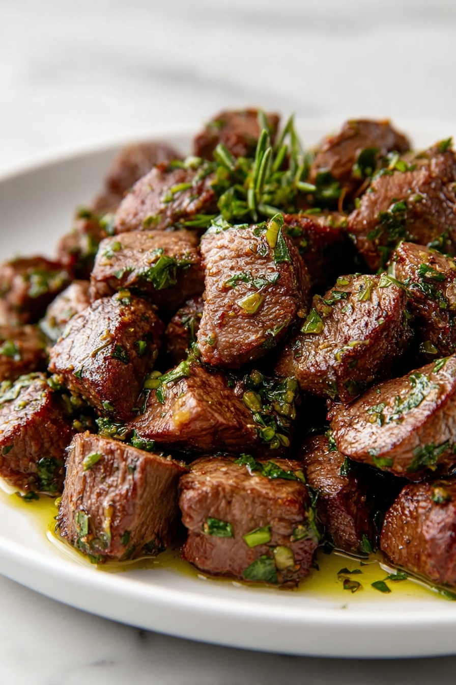 Garlic butter steak bites on a white plate.