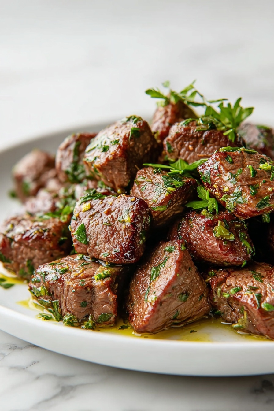 A plate of meat with herbs on it.