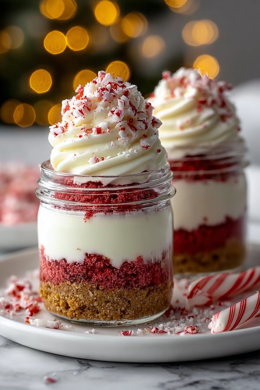 A close up of a candy cane cheesecake parfait.