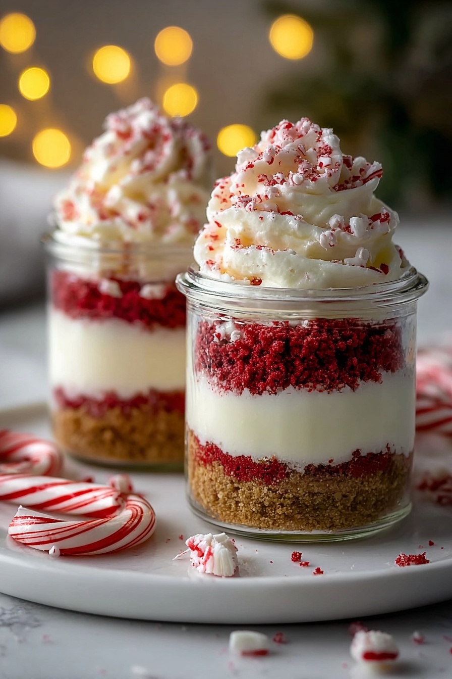 Two glasses of candy cane cheesecake parfaits.