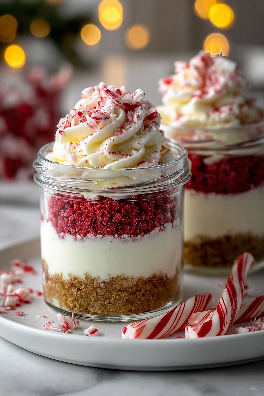 Two glasses of candy cane cheesecake parfaits.