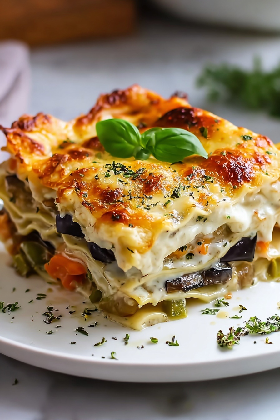 A close up of a lasagna with a green leaf on top.