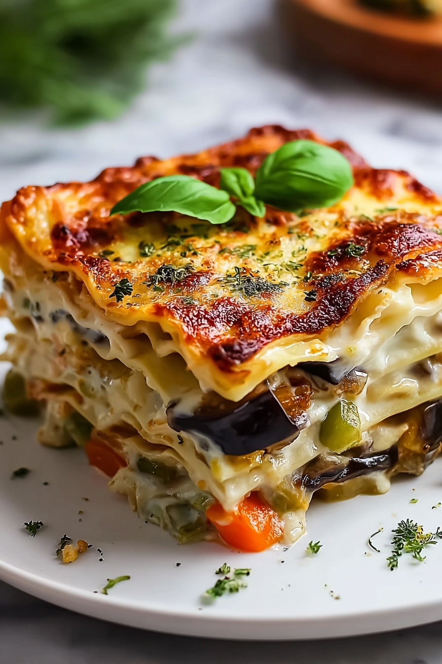 A stack of lasagna with spinach leaves on top.