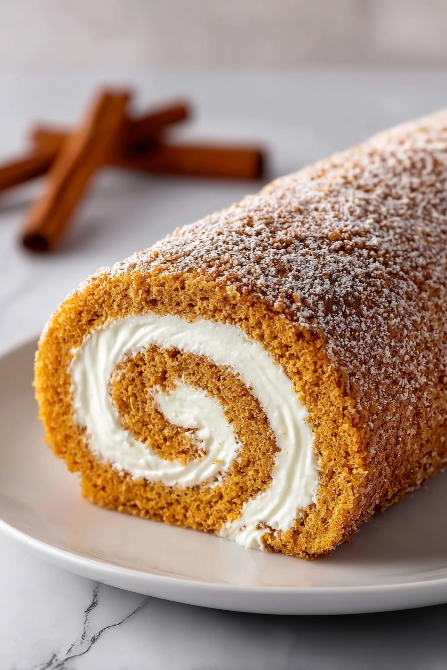 A simple pumpkin roll with white frosting.