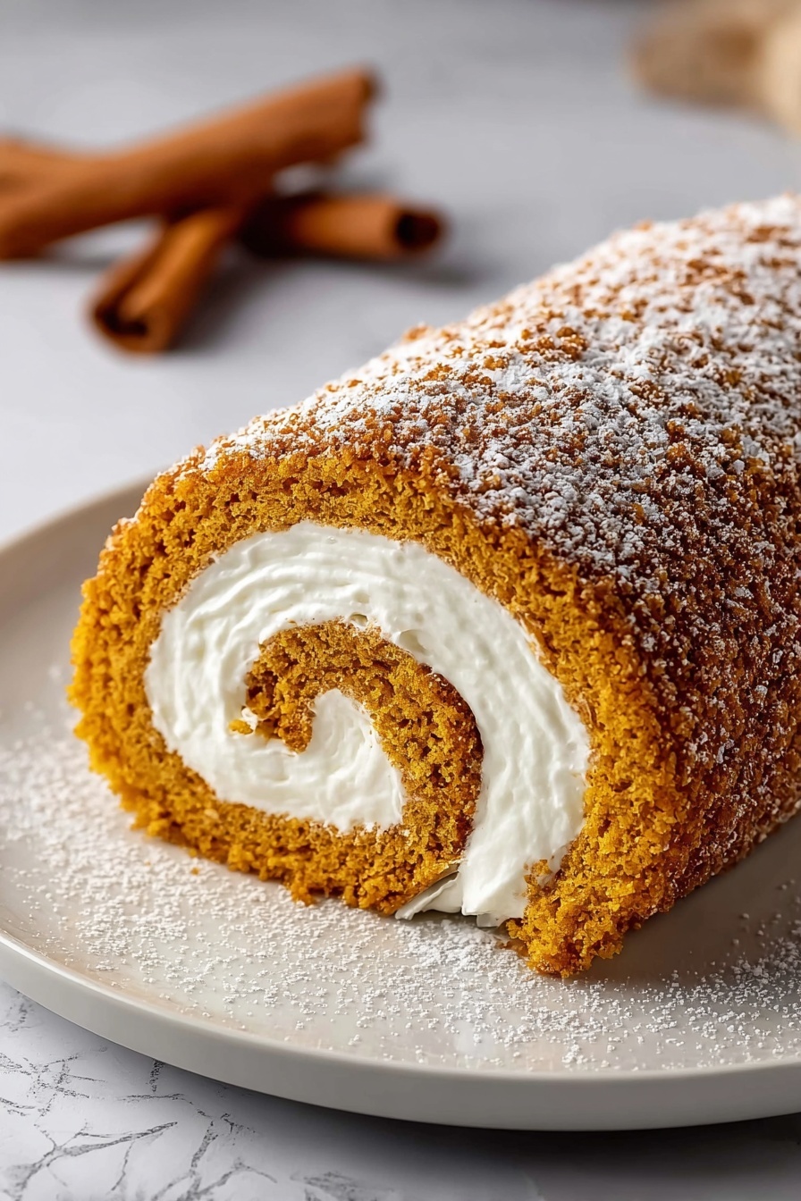 A simple pumpkin roll with white frosting.